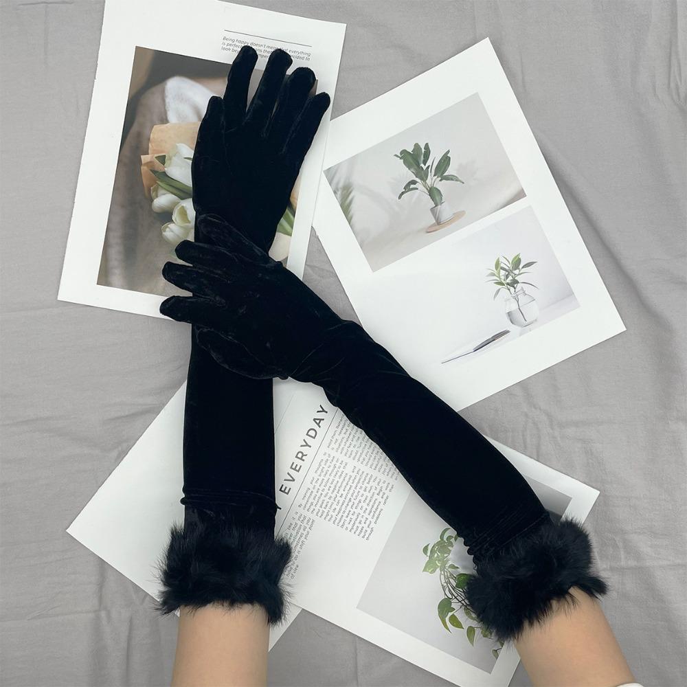 Elastic Velvet Long Gloves Plush Etiquette Mittens Red/Black Christmas Gloves  Autumn