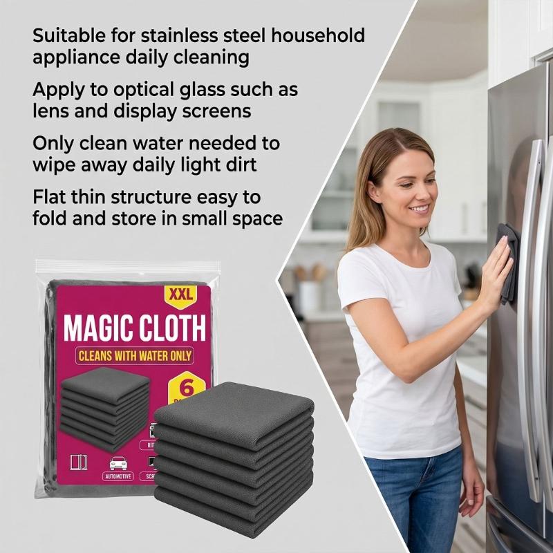 Multi Surfaces Wiping Cloth Set, 6 Absorbent Cleaning Rags Reusable for Wet & Dry Use on Window, Mirrors, Dining Tables, Kitchen Areas & Automotive