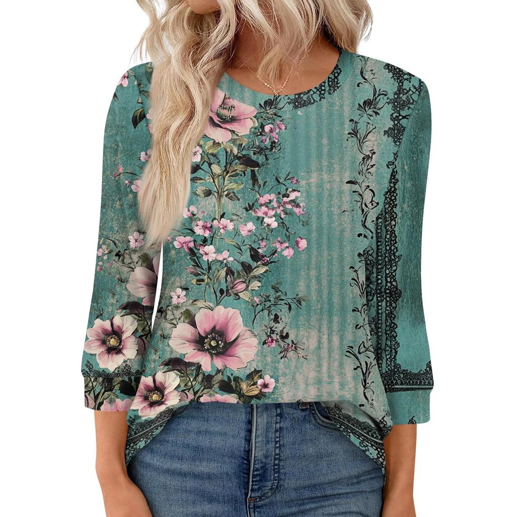 Women's Fashion Casual Round Neck 3/4 Sleeve Loose  Printed T-Shirt Ladies Top