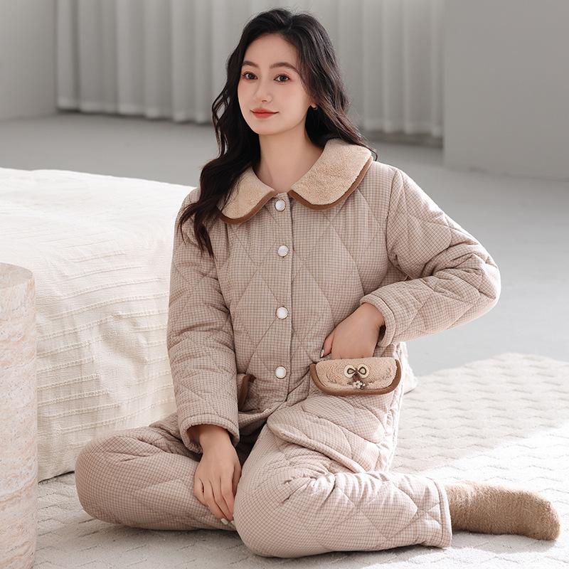 Winter Pajamas Women's New Woven Plaid Clip Padded Jacket Three-layer Warm Suit Velvet Thickened Outer Wear Loungewear
