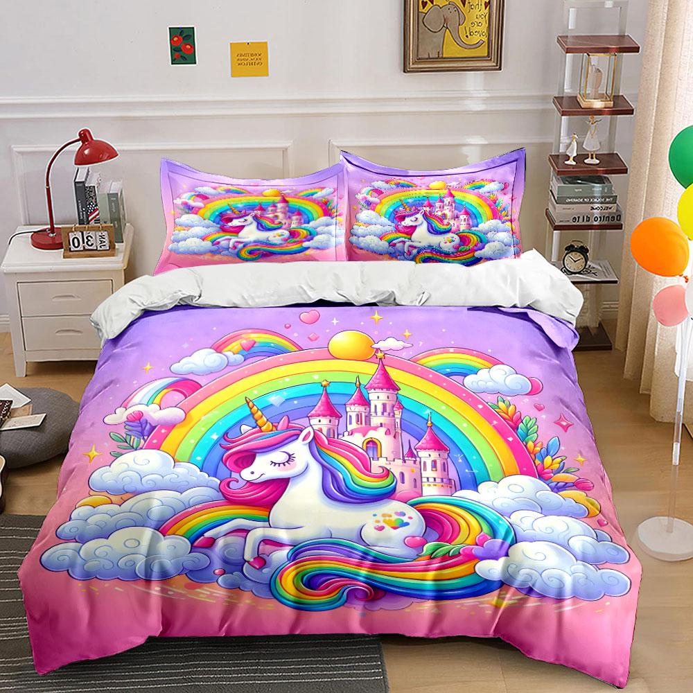 Unicorn Rainbow Castle Set Multiple Sizes Kid'S And Adults' Bedroom Exquisite 3Pc Bedding Set, Gift
