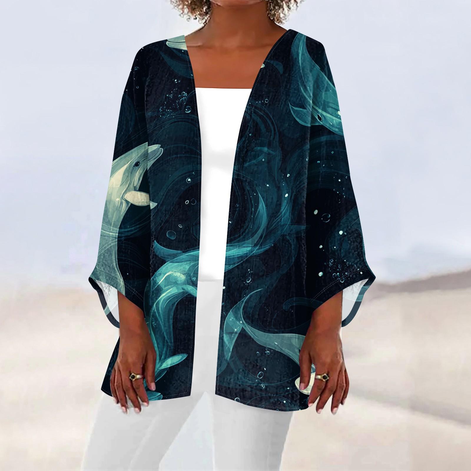 

Жіноча повсякденна мода пляжна легка куртка середньої довжини з принтом океанського дерева XL Темно-синій