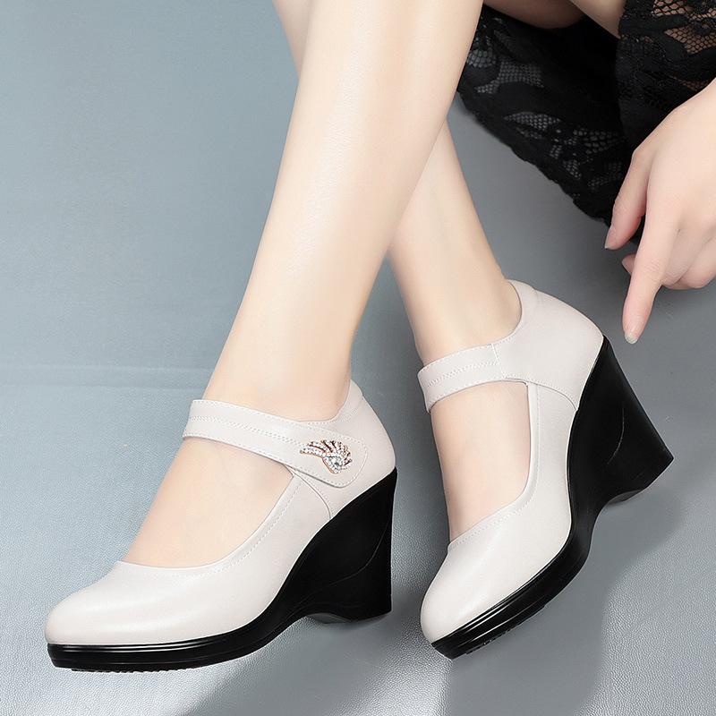 Genuine Leather Women Shoes Casual Wedge Shoes Round Toe Comfort Black Work Shoes Women Platform High Heels Size 35-40