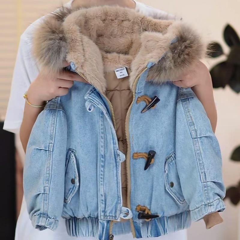 Kids Winter Thicken Denim Coat Korean Fashion Casual Daily Fleece-lined Plush Hooded Cotton-padded Parkas