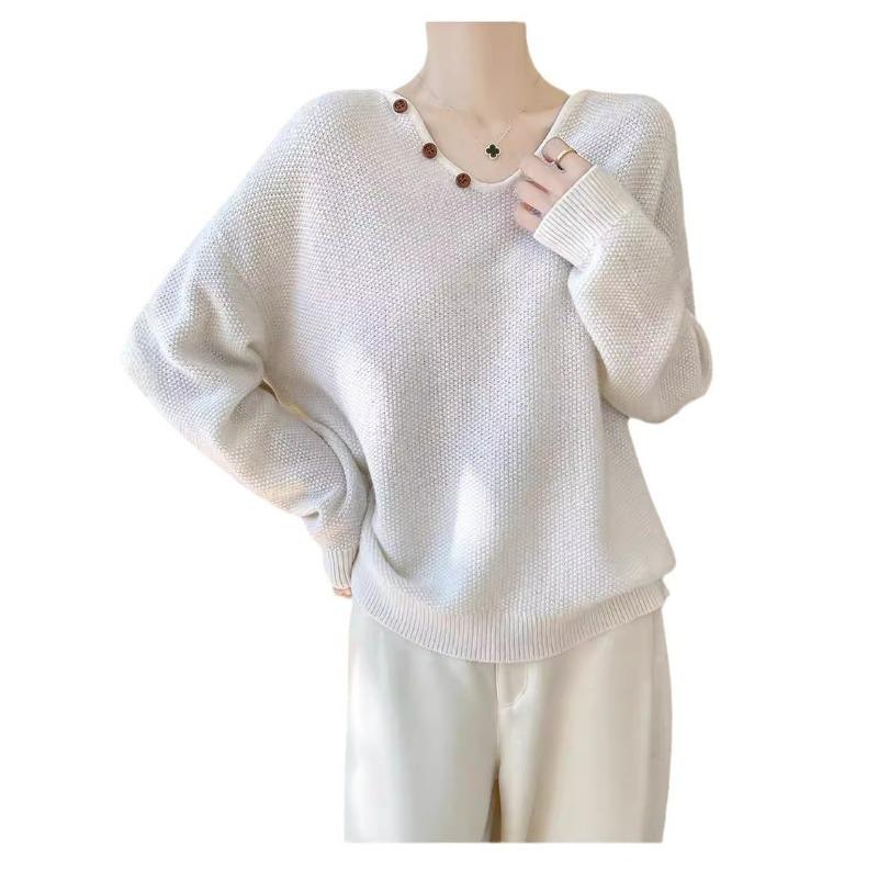 Autumn and winter new simple and versatile soft waxy bottoming knitted sweater women's loose and thin solid color V-neck pullover sweater