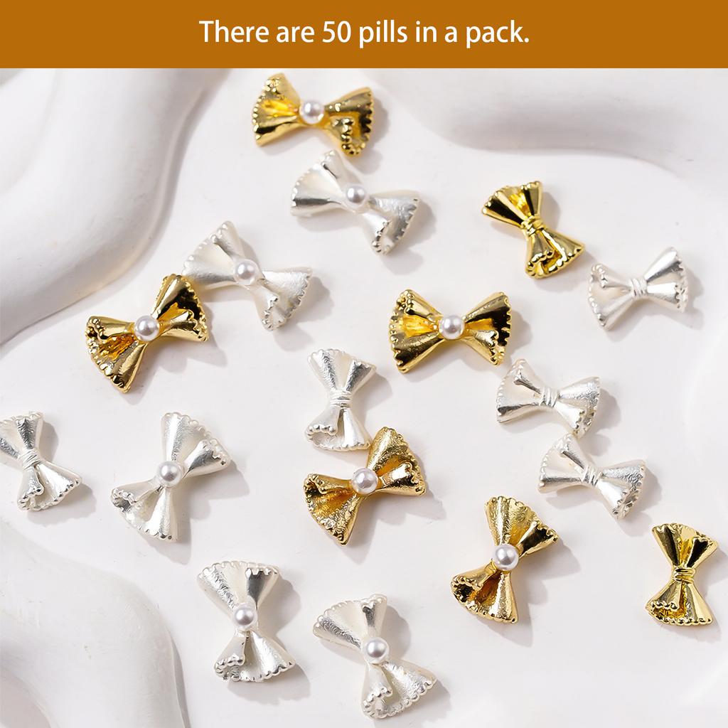 50x Bow Nail Charms French Style Bowknot Nails Art Charms Jewels Supplies Alloy Nails Art Decorations for Acrylic Nails