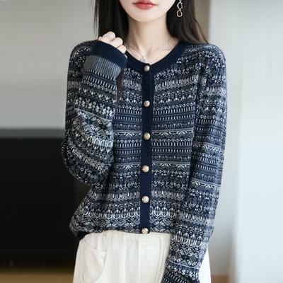 Retro Jacquard Round Neck Knitted Cardigan Jacket for Women Autumn New Loose Short Sweater Jacket
