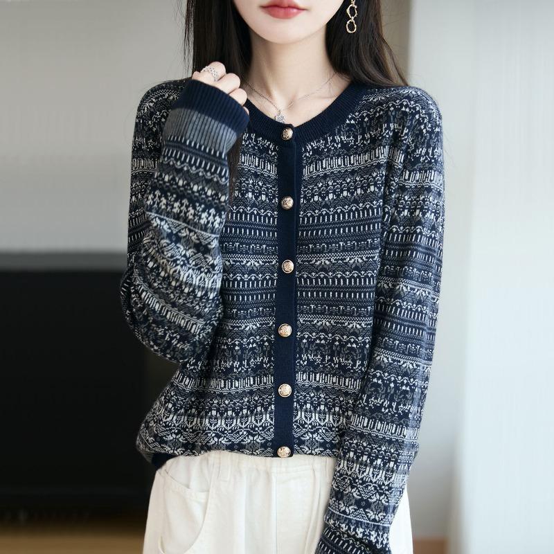 

Вязаный кардиган-жакет с круглым вырезом и жаккардовым узором в стиле ретро для женщин, новинка осени, свободный короткий свитер-жакет S темно-синий