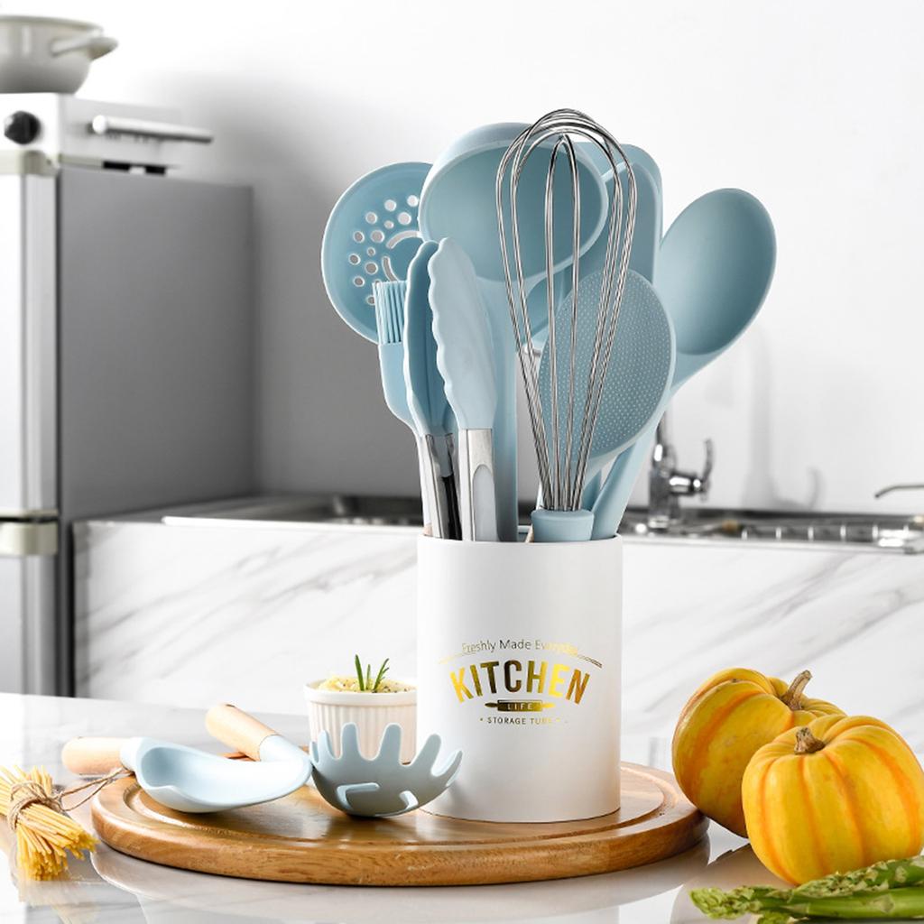 Blue Silicone Cooking Utensils Set Non-Stick Spatula Soup Spoon Eggbeater Food Clip Natural Wood Handle with Storage Box Kitchen Tools