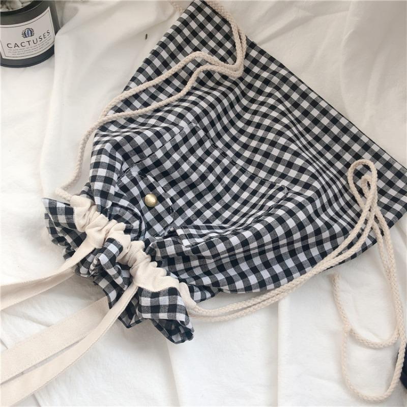 Canvas bag 2020 new portable drawstring shoulder bag literary plaid student cloth bag