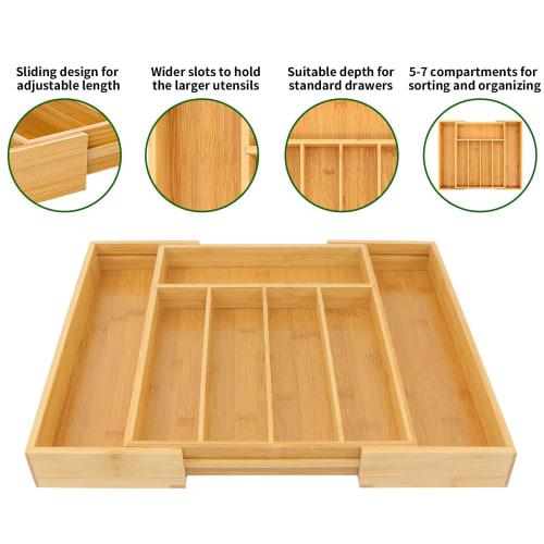 VaeFae Bamboo Silverware Organizer, Expandable Kitchen Drawer Organizer for Cutlery, Wooden Utensil Holder, Multifunctional Drawer Storage, 5-7 Compar
