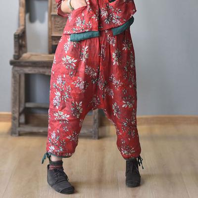 Damen Vintage Print Floral Weitbeinige Hose Elastischer Bund Sommer Taschen Weiblich Locker Haremshose
