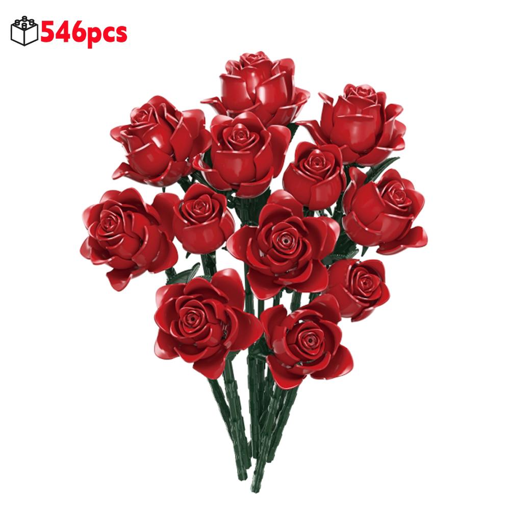 Non-Toxic New Red Rose Flower Bouquet Building Blocks Romantic Valentines Day Gift For Women Diy Creative Desktop Home Decor Model Kit