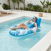 Inflatable Pool Float Mat with Mesh Seat Backrest Tropical Leaf Print Foldable Beach Lake Float Raft Water Lounger Adults Swimming Pool Sun Tanning