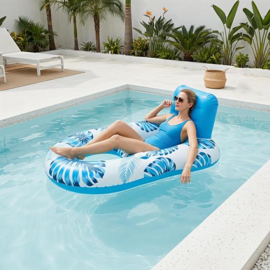 Inflatable Pool Float Mat with Mesh Seat Backrest Tropical Leaf Print Foldable Beach Lake Float Raft Water Lounger Adults Swimming Pool Sun Tanning