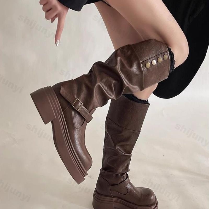 Mode Damenmode Ritterstiefel Herbst Winter Mode Schnallenriemen Cowboy Stiefel Bequeme Höhenerhöhung Rutschfeste Mid-Calf Stiefel