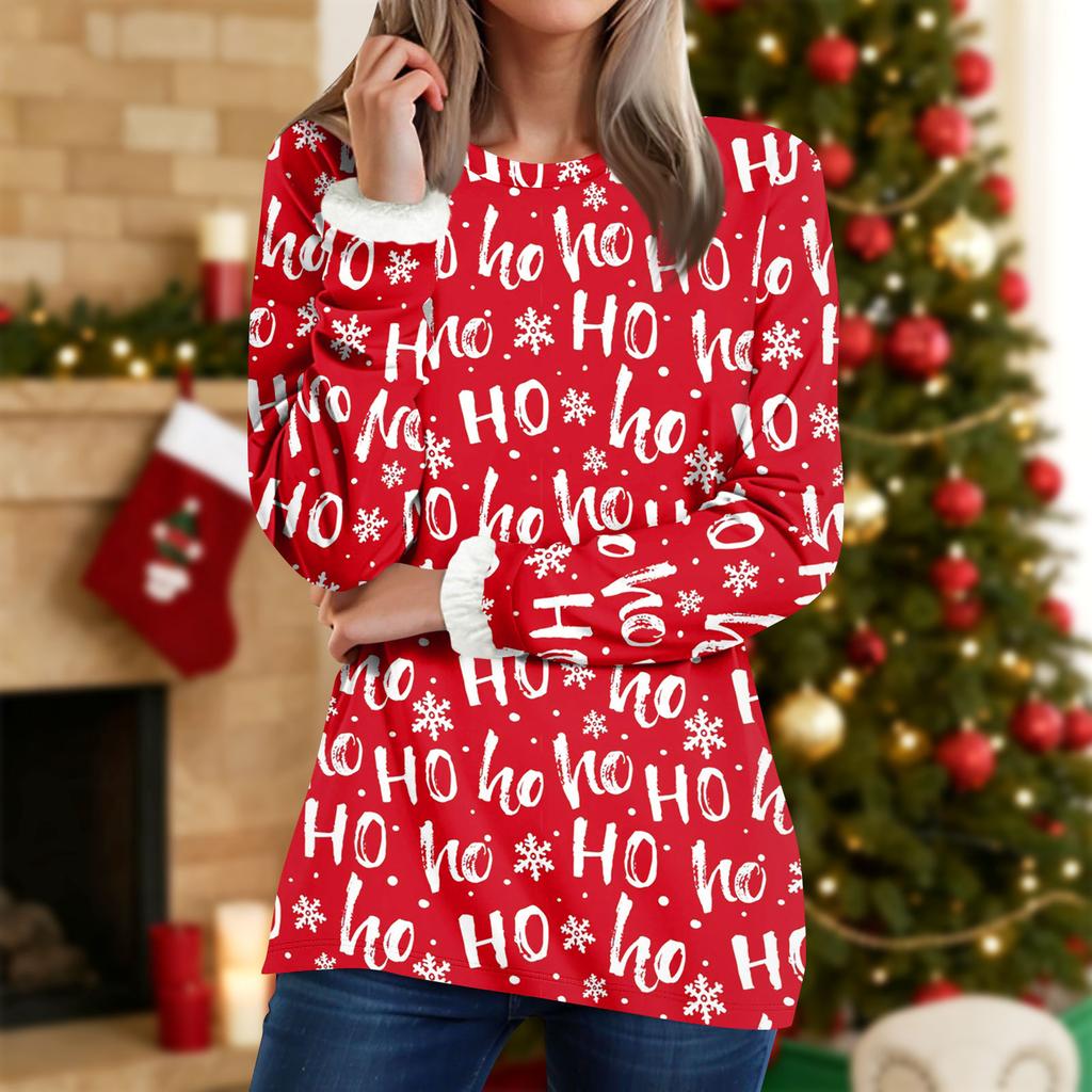 Kadın Yuvarlak Yaka Üst Baskılı Kalınlaştırılmış Peluş Kaşmir Sıcak Uzun Üst