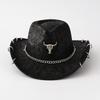 Cowboy Fedora Hat Chain Detail Perforated PU Curved Brim Upturned Edge Western Jazz Style Daily Outdoor Wear for Men Women