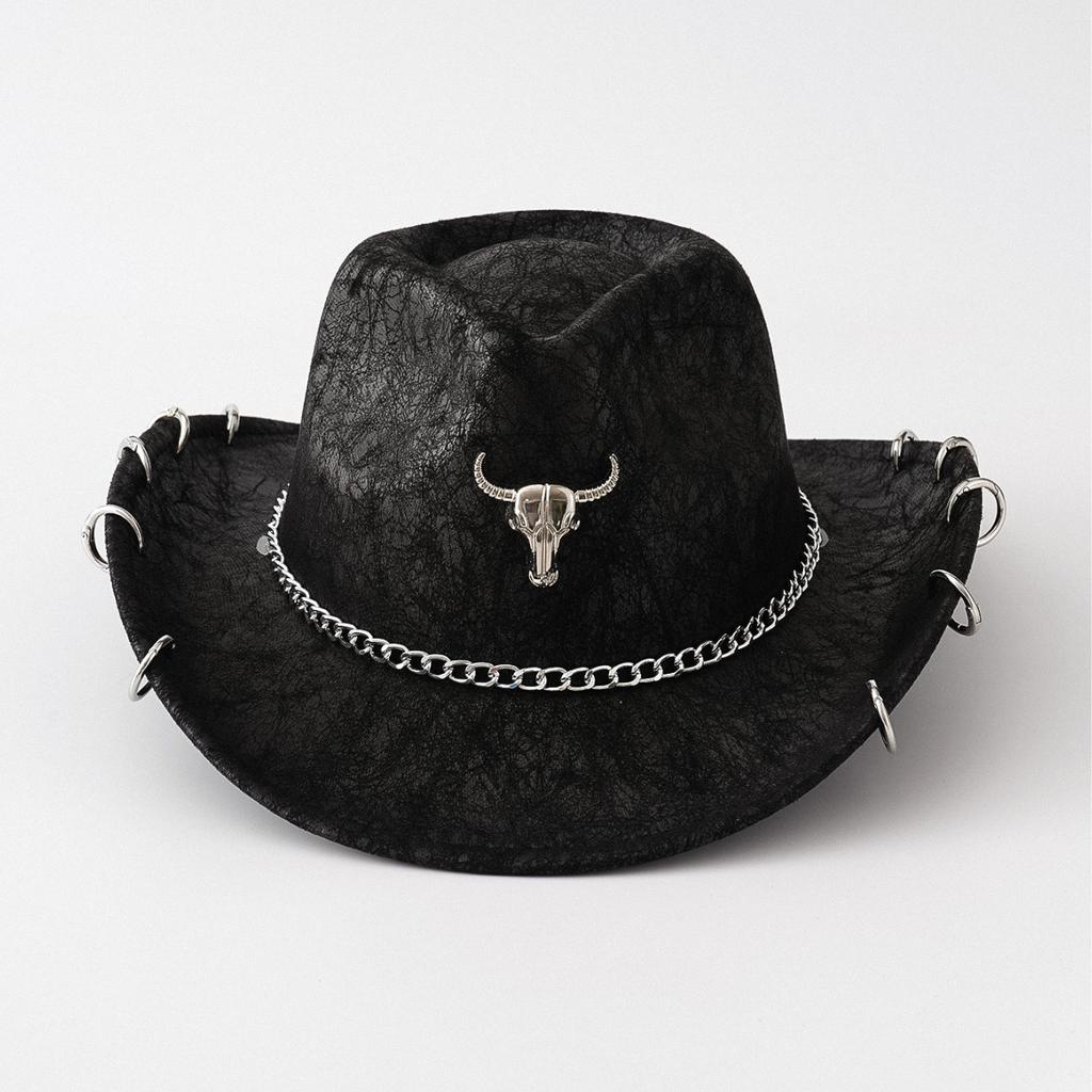 Cowboy Fedora Hat Chain Detail Perforated PU Curved Brim Upturned Edge Western Jazz Style Daily Outdoor Wear for Men Women