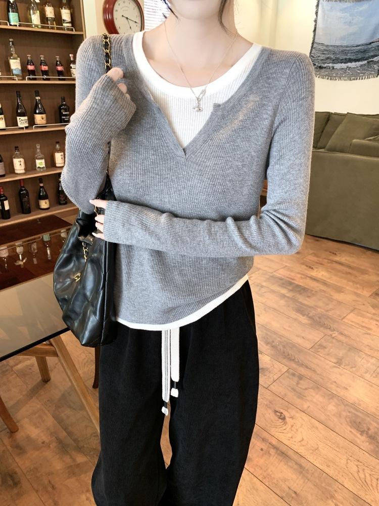 Spring New Casual Skinny Collar Fake Two Bottom Sweater Women's Fashion Lazy Commuter Long Sleeve Knitted Sweater