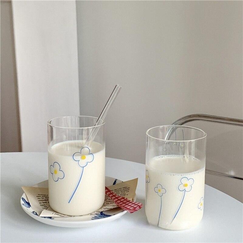Ins Wind High Boron Silicate Heat Resistant Glass Printed Round Bottom Straw Milk Juice Glass