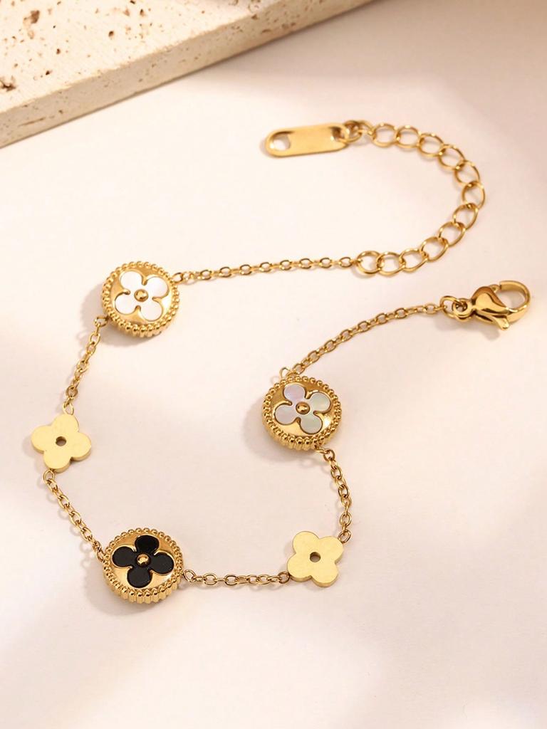 1 Lucky Five-flower Four-leaf Clover Women's Bracelet, Reversible Stainless Steel Bracelet Best Gift for Friends and Girlfriends