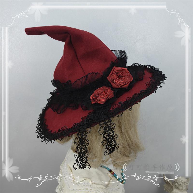 Lolita Goth Rose White Burgundy Hat for Women Multi-color Original Pointed Witch Hat Halloween Wizard Hats