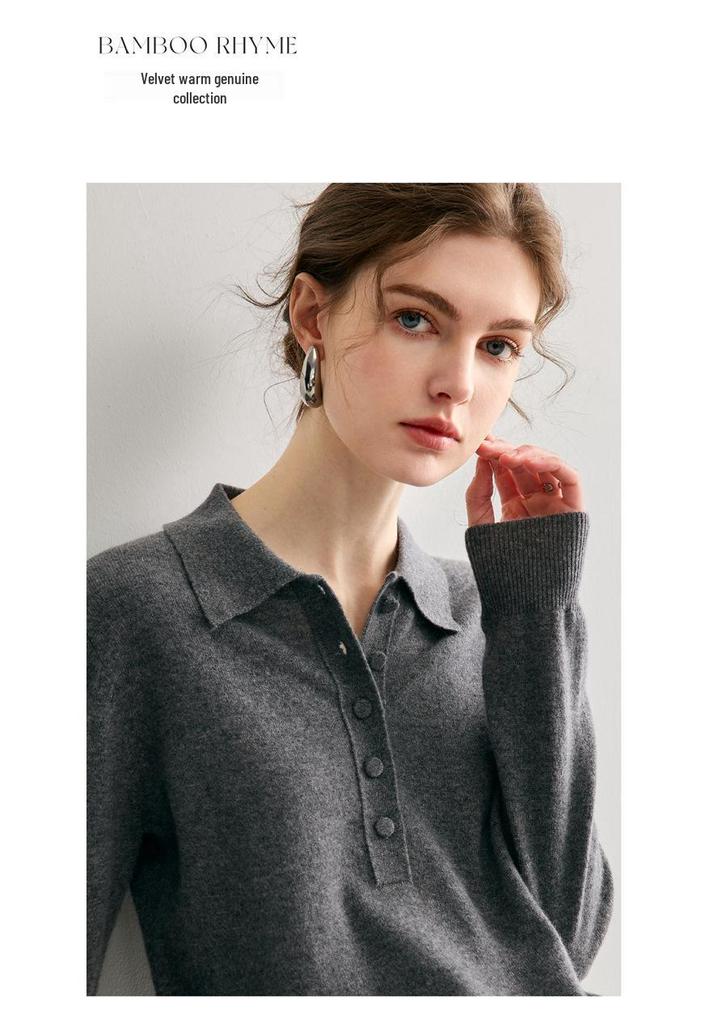 Women's 100% Pure Cashmere Polo Collar Sweater - Autumn/Winter Long Sleeve Loose Knitted Pullover