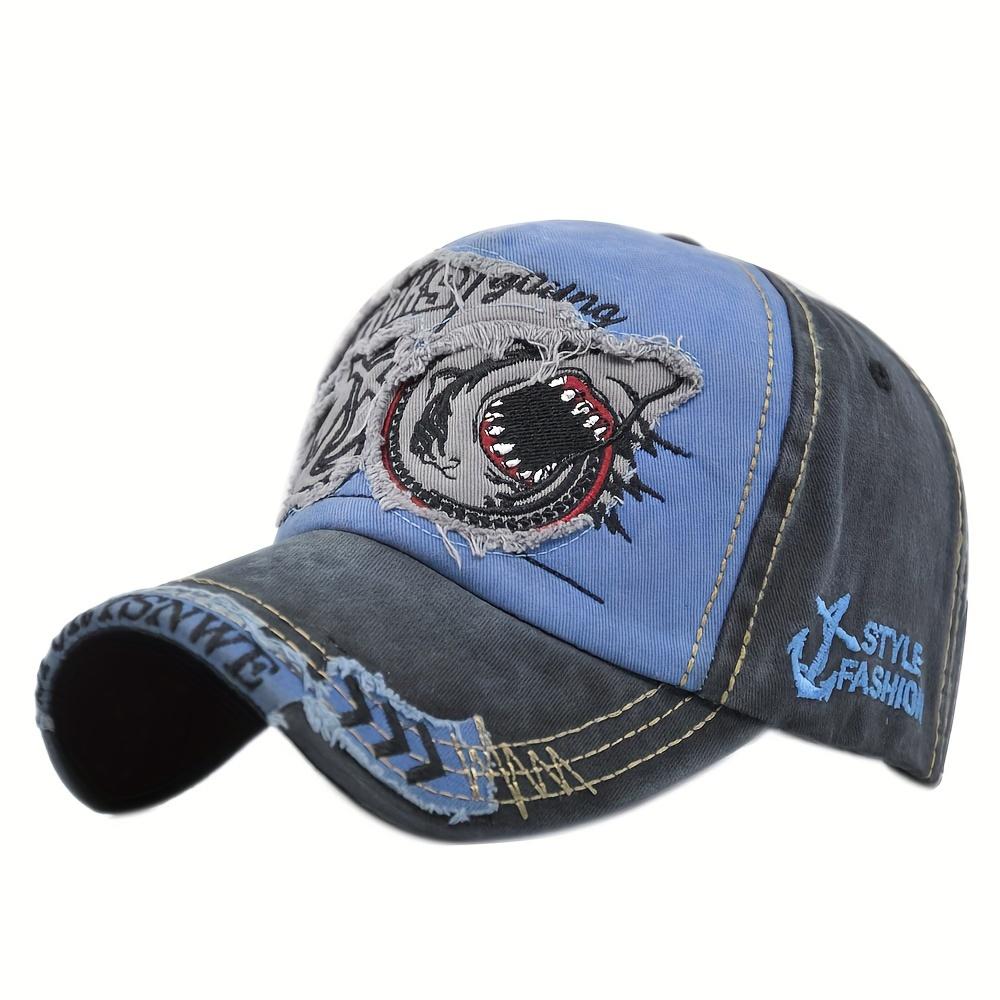 1pc, Vintage Baseball Cap, Denim Embroidered Shark 100% Cotton Trucker Hat, Retro Frayed Edge Sunhat Outdoor Cap