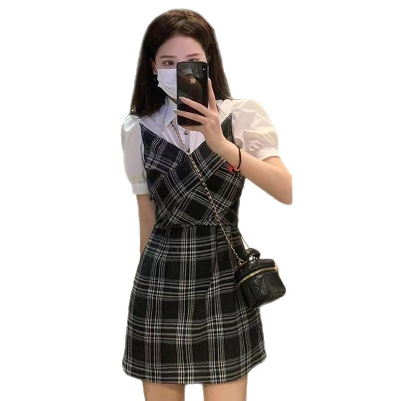 Shirt Splicing Plaid Dress Women's Summer New Popular Niche Design High-end Fake Two-piece Skirt