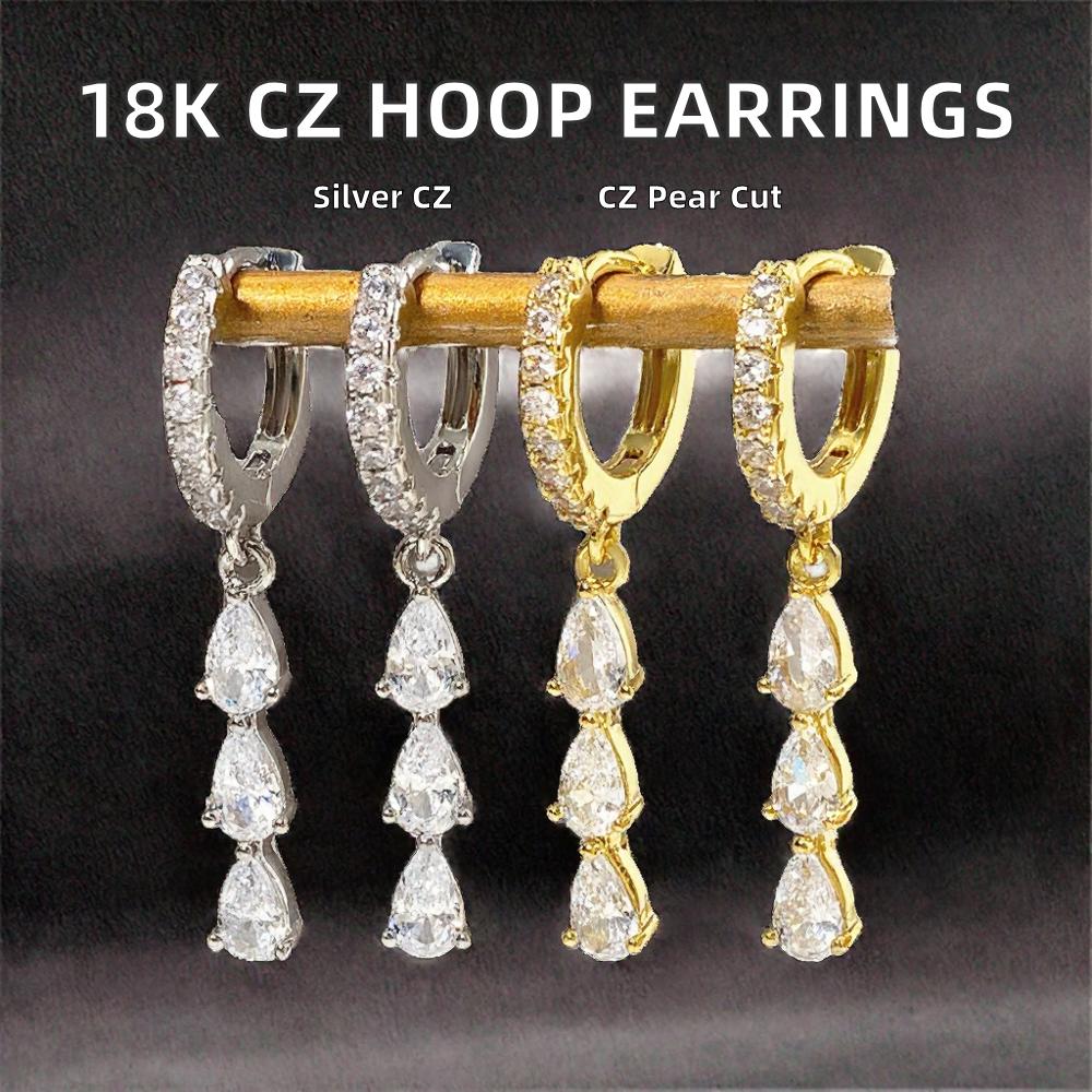 18K Gold Plated Cubic Zirconia Earrings for Women Geometric Drop Triple CZ Dangle Huggie Hoop Jewelry Trendy Style
