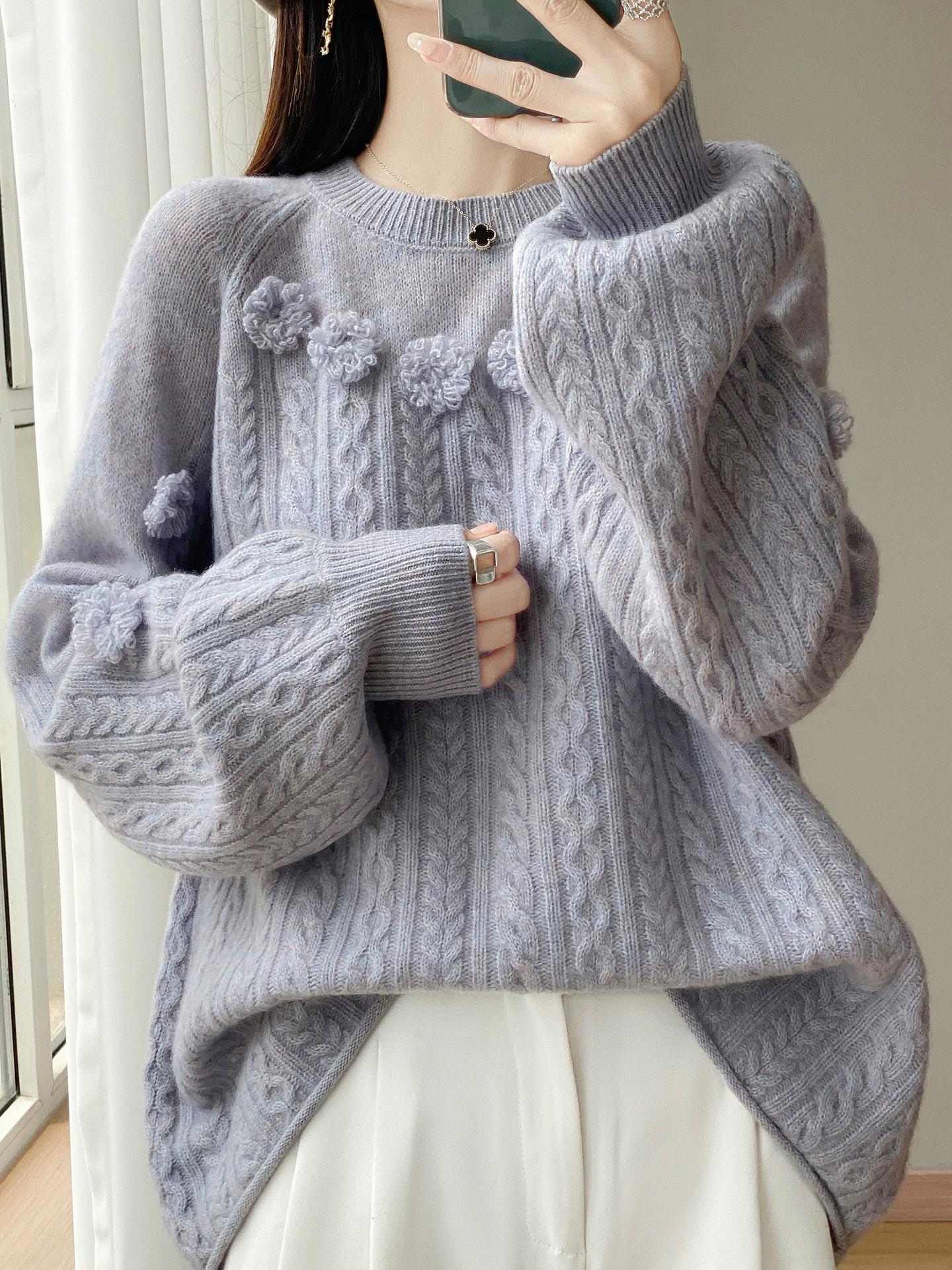 

Свитер ручной работы крючком из 100% чистой шерсти, женский, с круглым вырезом, спущенным плечом, рукавами-фонариками, пуловер свободного кроя, универсальный, вязаный свитер с узором «скрученный цветок» One Size(bust 80cm-130cm)