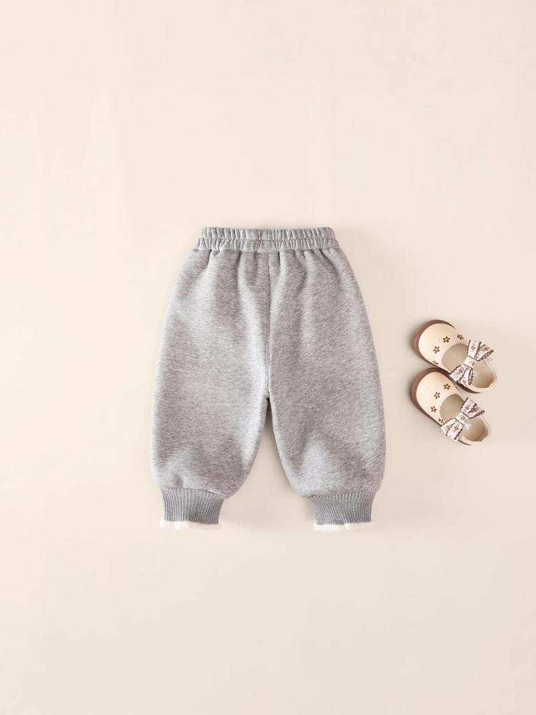 Girls' Winter Velvet-Lined Trousers – Thick, Cuffed, Cartoon Design, Warm Sweatpants for Autumn/Winter.