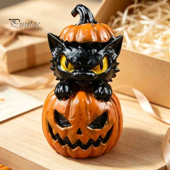 Creative Gift for Halloween Lovers Black Cat & Pumpkin Resin Ornaments, Cute Desktop Figurines, Artistic Craft Collectibles Cartoon And Statue