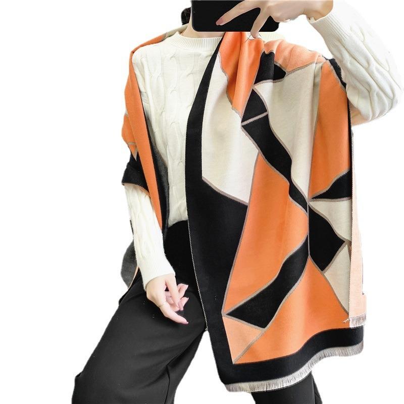 Autumn and Winter Thickened Geometric Color Matching Dual-purpose Shawl Student Scarf Imitation Cashmere Women's Dual-purpose Thermal Scarf