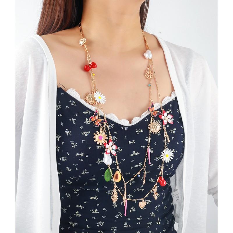 Womens Layered Zinc Alloy Pendant Necklace With Heart Floral Leaf Butterfly Cherry Motifs Drip Paint Finish 81cm Length