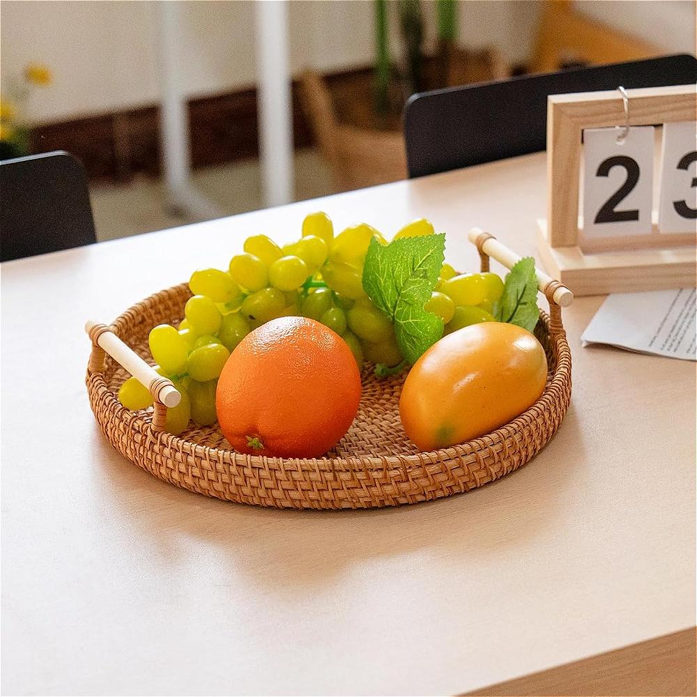 Rattan Food Serving Basket with Handles Hand Woven Bread Fruit Storage Tray Home Decorative Tray for Coffee Table Kitchen Dining