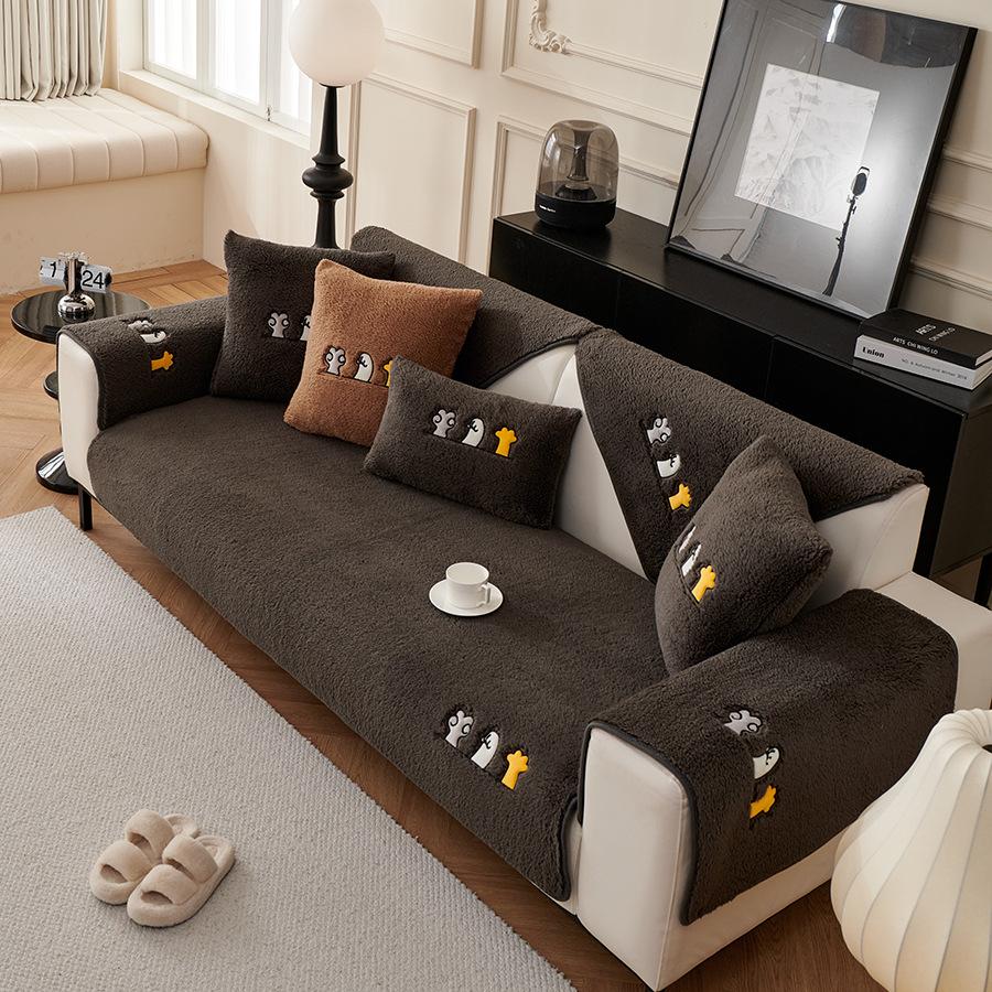 Four-Season Universal Sofa Cushion, Lamb Wool All-Inclusive Seat Cushion, Non-Slip Simple Light Luxury Sofa Cover, Cloth Towel