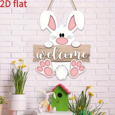 2D Flat Easter Bunny Welcome Sign Wooden Door Decoration Wreath Hanging Plaque Rabbit Sign For Shop Home Garden Spring Decor