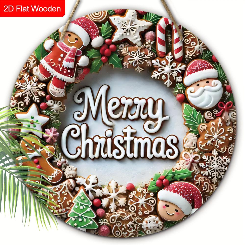 Merry Christmas Wooden Sign with Gingerbread Man & Santa Claus Pattern - Navidad Round Sign for Fornt Door, Wall Decor - Ideal Christmas Decoration