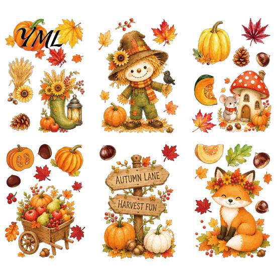 Creative Autumn Window Displays 6 Sheets Harvest Stickers, Thanksgiving Cartoon Static Cling Decorations with Festival Decor Pumpkins Maple