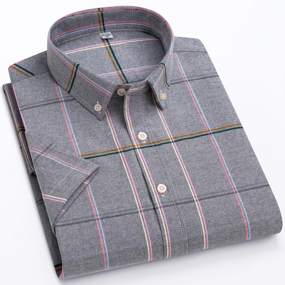 Pánské kostkované oxford košile z 100% bavlny, vícebarevné, s krátkým rukávem, regular fit, s límečkem, ležérní, na knoflíky, s kapsou