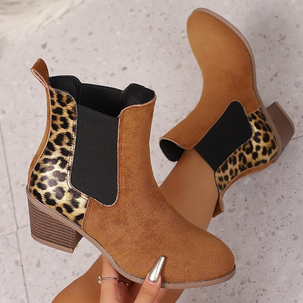 Fashion Leopard Winter Sexy Women Ankle Boots Autumnwinter Female Short Zip Chelsea Boots Retro Round Toe Square Heel Size 36-43
