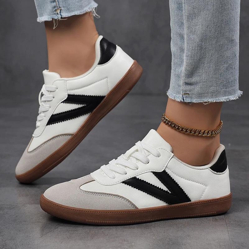 Women'S Casual Skateboard Shoes, Lace-Up Leather Retro Moral Training Shoes, Outdoor Casual Sports Shoes
