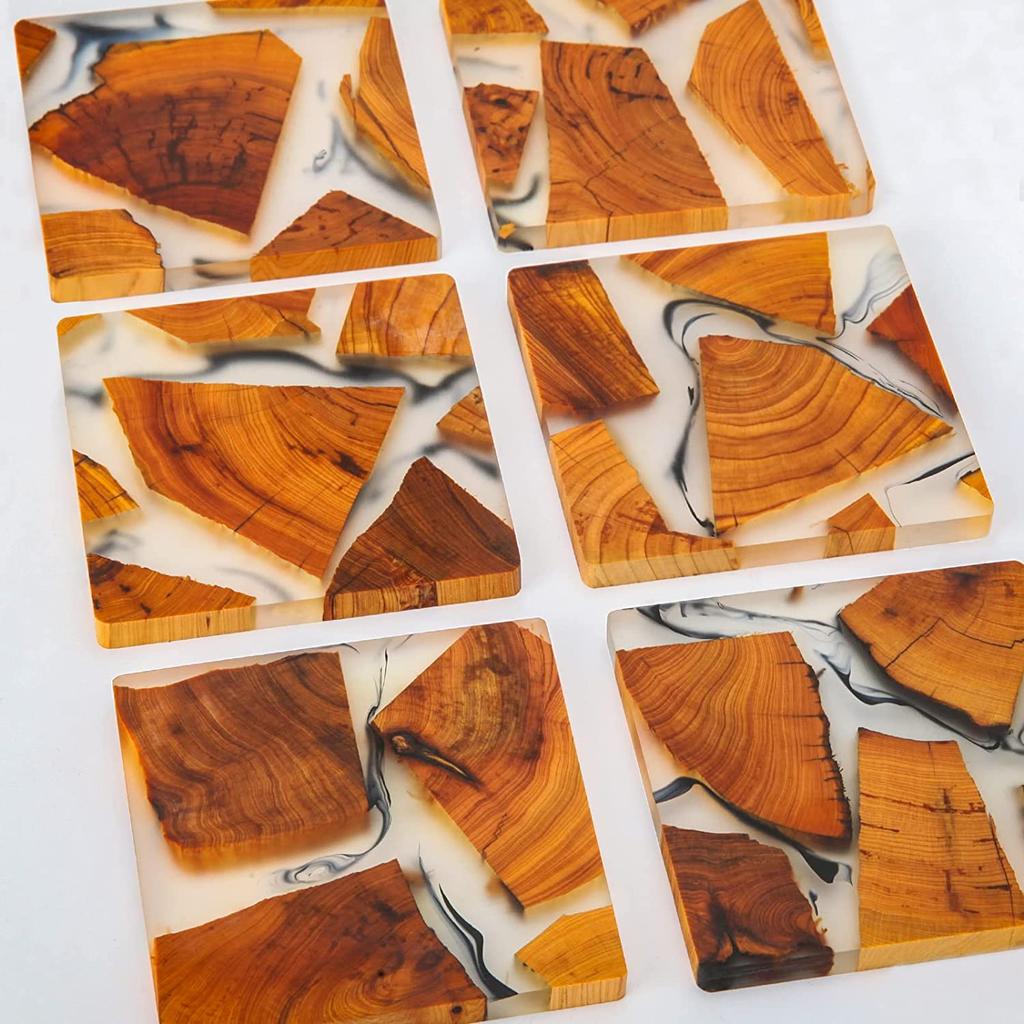6 Pack Wood Coasters with Holder Wooden Drink Coasters Set Modern Epoxy Coasters Suitable for Most Kinds of Cups Different grain
