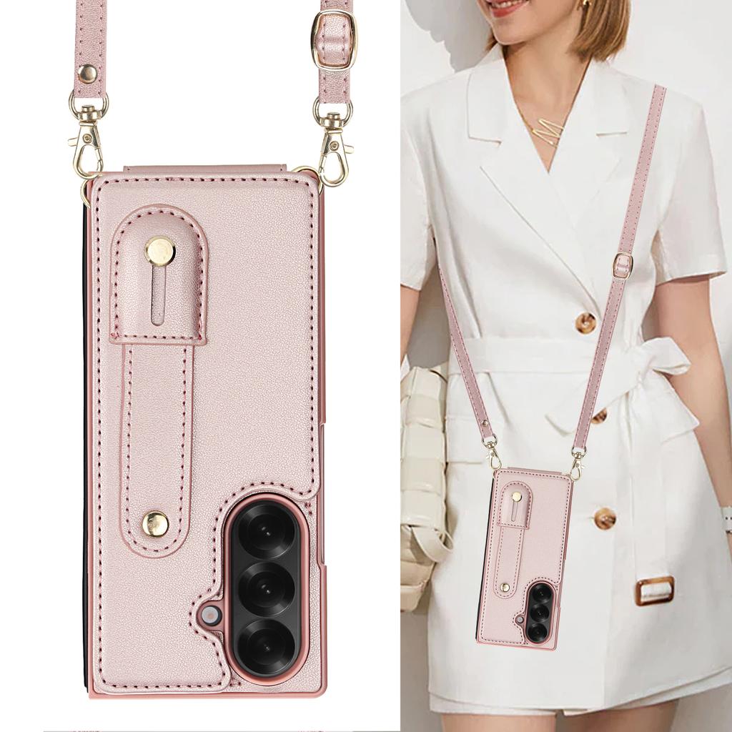 Crossbody pouzdro na telefon pro Samsung Galaxy Z Fold 7 Fold6 5 4 Kožené Kovový patent Zápěstní popruh Držák na karty Peněženka s popruhem