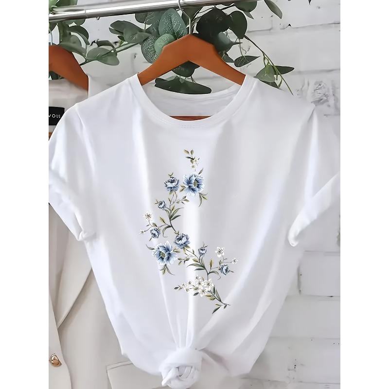 Women S Elegant Floral Short-Sleeve T-Shirt | Soft Daily Top with Blue Floral Pattern Design, Round Neck Casual Style S белый