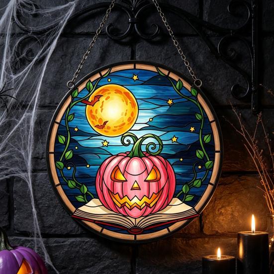 Stained Glass Style Acrylic Suncatchers Halloween Pumpkin Suncatcher, Round Window Hanging Ornament, Mysterious Holiday Theme Wall Displays Full Moon