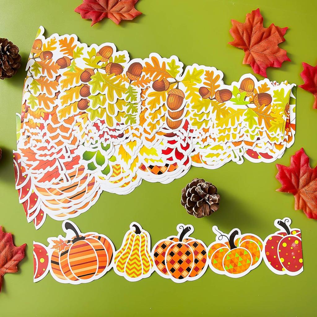 60 Pcs 60 ft Fall Thanksgiving Bulletin Board Border Pumpkin Maple Leaves Bulletin Board Border Trim Scalloped Decorations Stickers for Fall Autumn