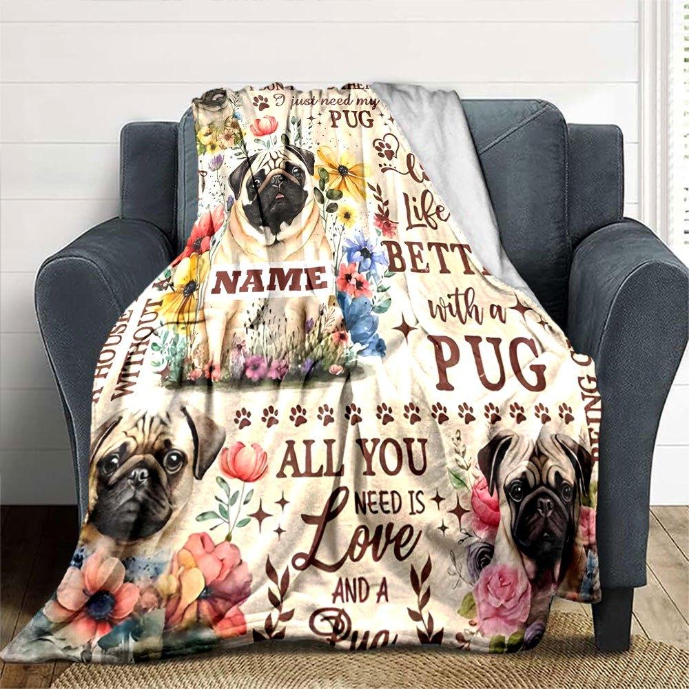 Adorable Pug Design Home Customize Your Name Blankets Soft And Cozy For All Seasons Perfect For Picnics Sofa Office Bed Living Room Ideal Gift For